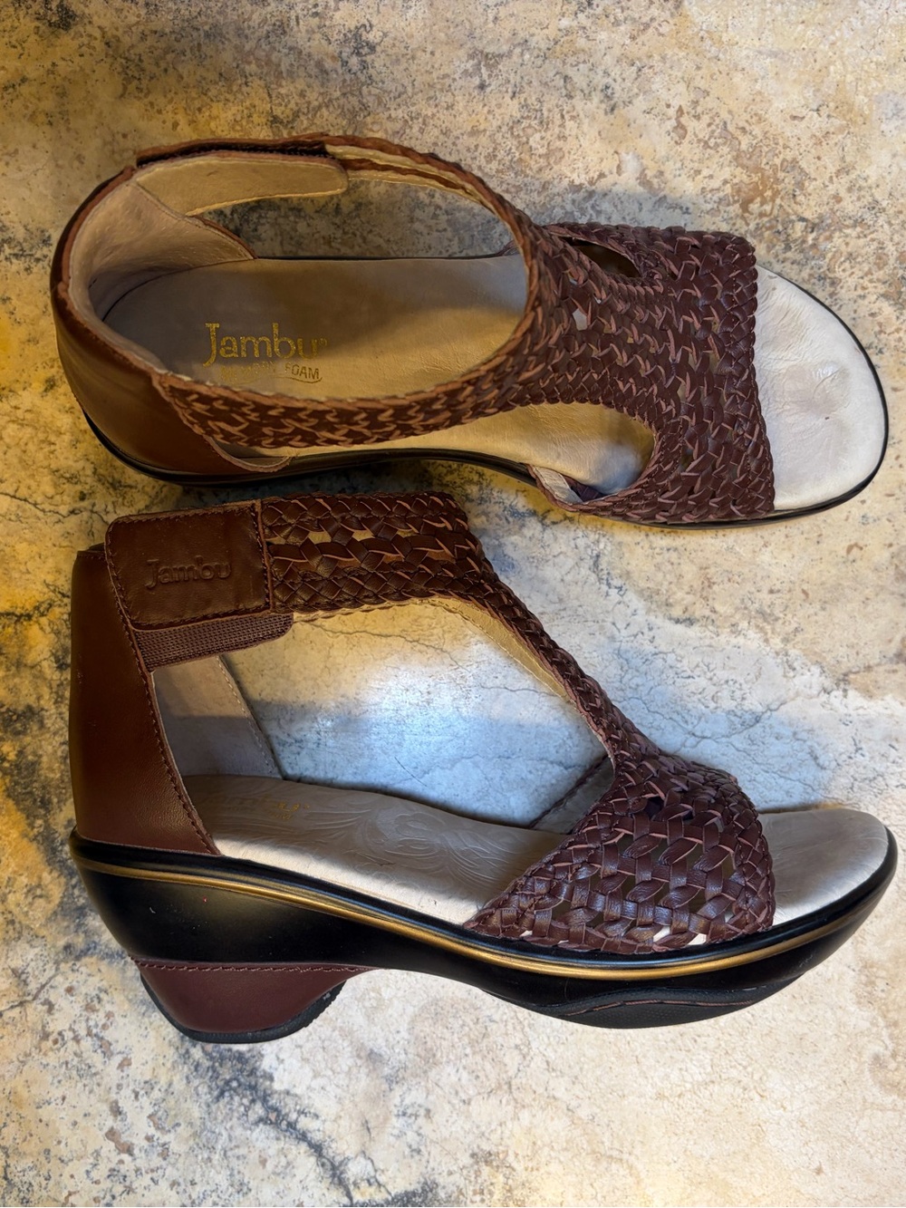 Jambu Brown Woven Leather T-Strap Wedge Sandal